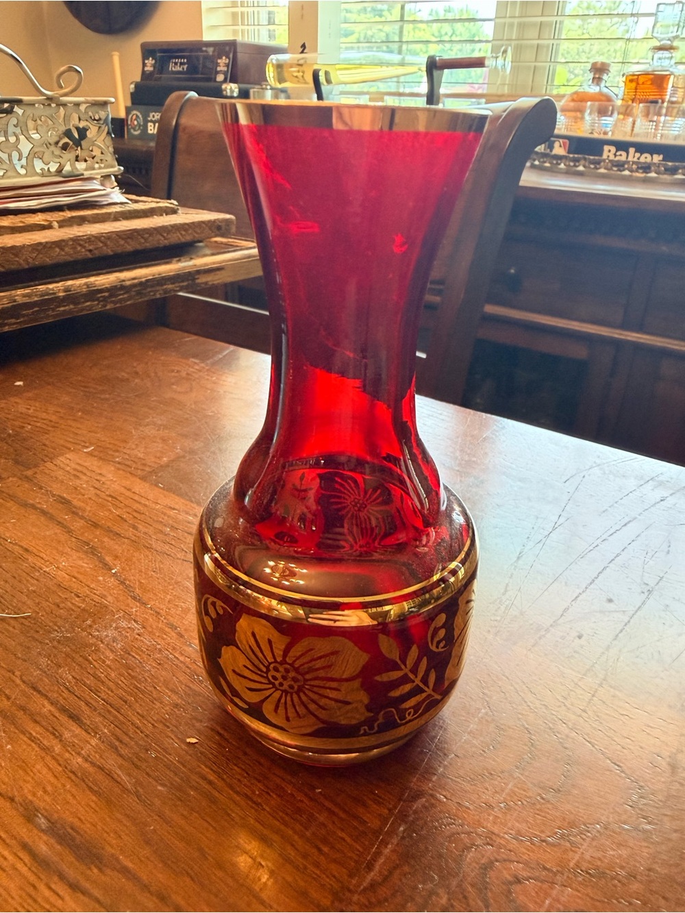 1979 Bohemian Red Glass Bud Vase with Gold Floral Accent -